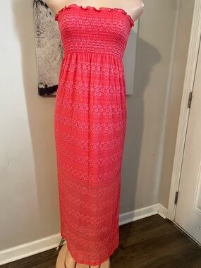 90s club soda pink strapless smocked maxi dress detail print pattern beach vaca